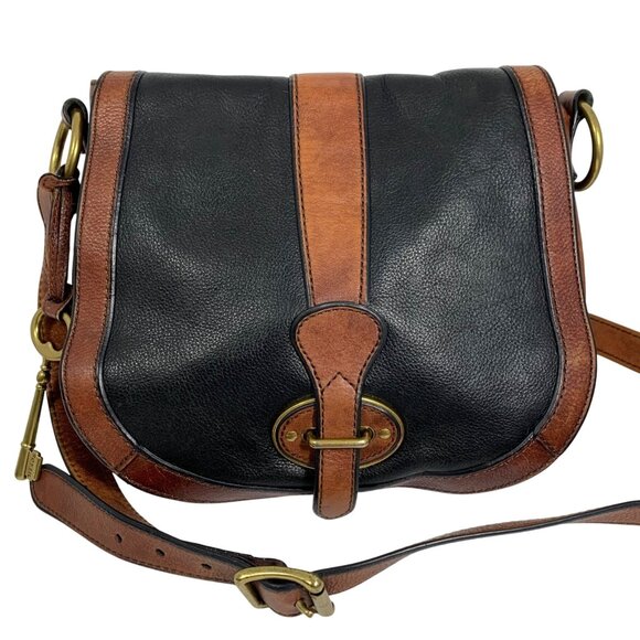 Vintage FOSSIL Crossbody Flap Saddle Bag Black/Brown Leather w/ Key Charm NICE - Picture 1 of 14
